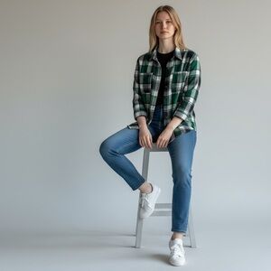 Cato Emerald and White Checkered Top